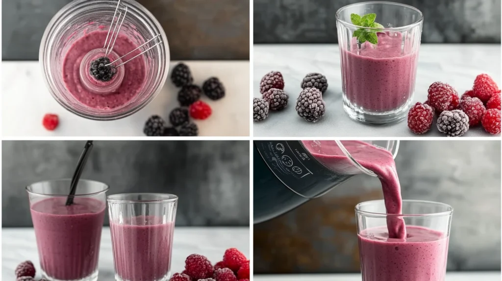 Step-by-step berry smoothie preparation grid