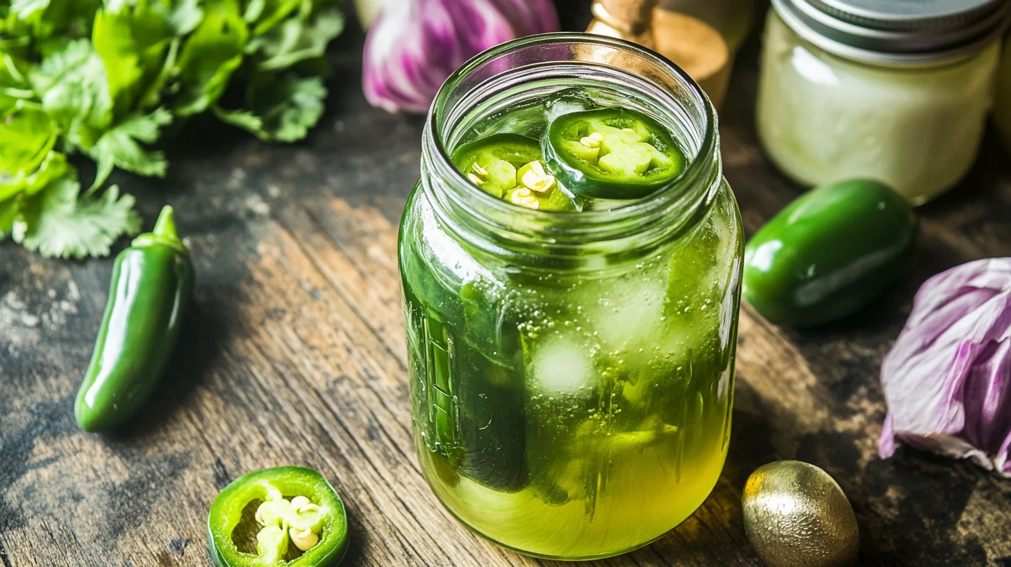 A jar of jalapeno simple syrup with fresh jalapenos.