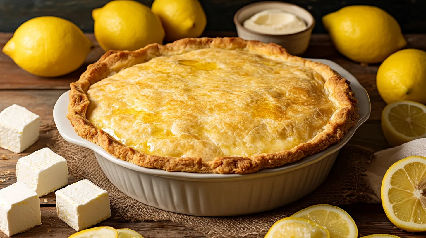 A baked lemon cream cheese dump cake on a rustic table.