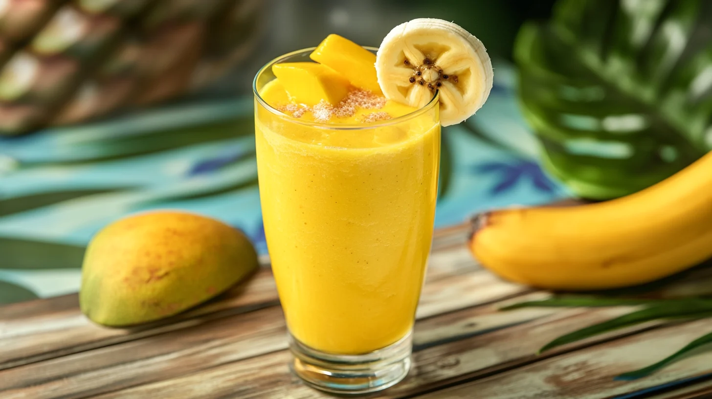 A glass of mango banana smoothie with garnishes