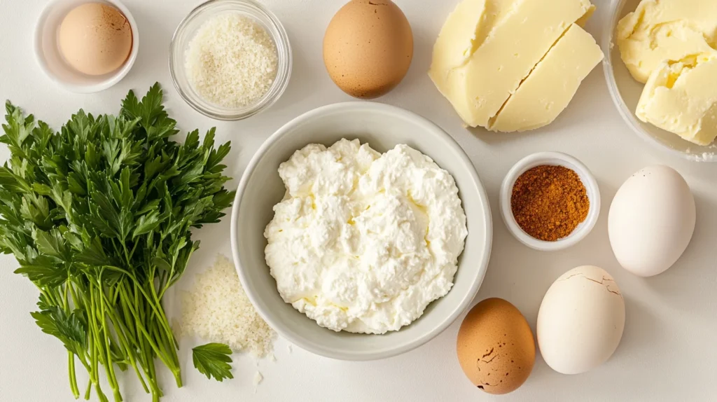 AI-generated flat lay of mozzarella stuffed ricotta ingredients