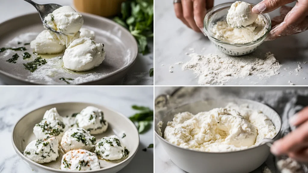 AI-generated step-by-step photo grid for making mozzarella stuffed ricotta