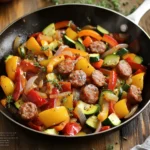 One-skillet sausage and veggie stir-fry with bell peppers, zucchini, onions, and Italian herbs, served fresh and steaming.