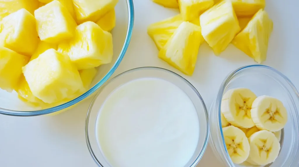 Ingredients for making a pineapple smoothie, including fresh pineapple chunks, almond milk, and bananas.