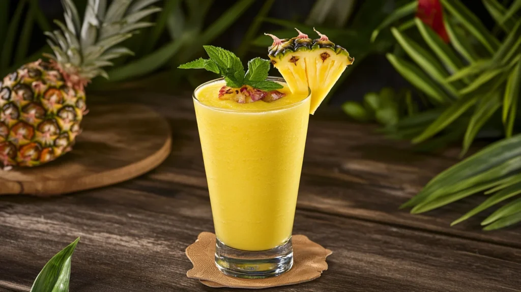 A glass of pineapple smoothie with mint and a pineapple wedge on a wooden table.