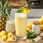 A tropical pineapple smoothie in a tall glass, garnished with a pineapple wedge and mint leaves, surrounded by fresh pineapple chunks, a banana, and almond milk on a wooden counter.