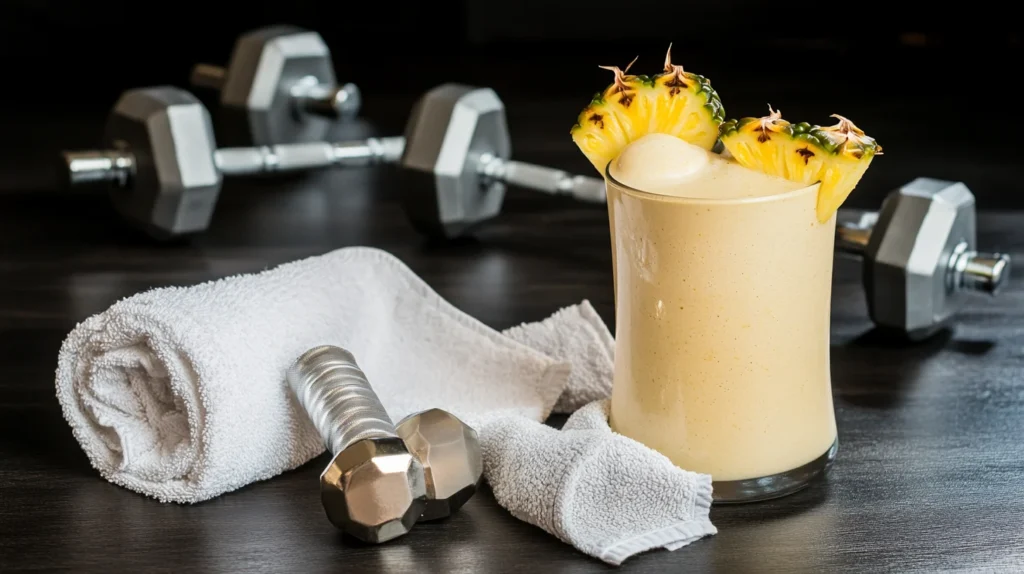 A pineapple smoothie served with protein powder, a towel, and dumbbells for a fitness vibe.