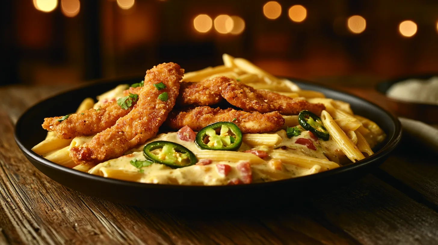 A plate of creamy rattlesnake pasta garnished with jalapeños and Parmesan cheese, on a rustic wooden table.