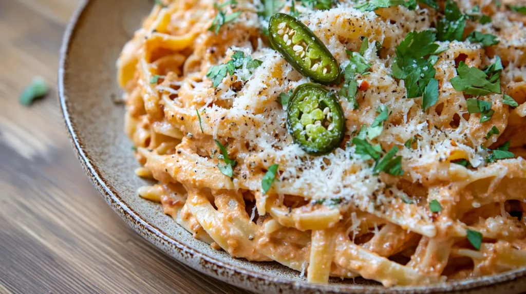 A close-up of rattlesnake pasta with creamy sauce, jalapeños, and Parmesan on a wooden table.