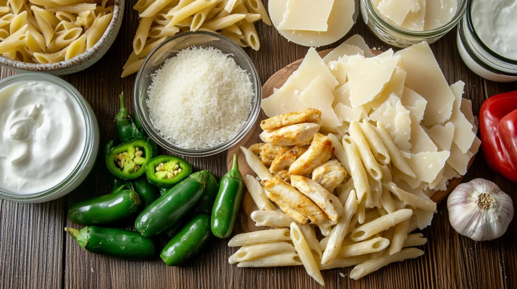 Fresh ingredients for rattlesnake pasta: jalapeños, penne, Parmesan, chicken, garlic, and cream on a wooden table.