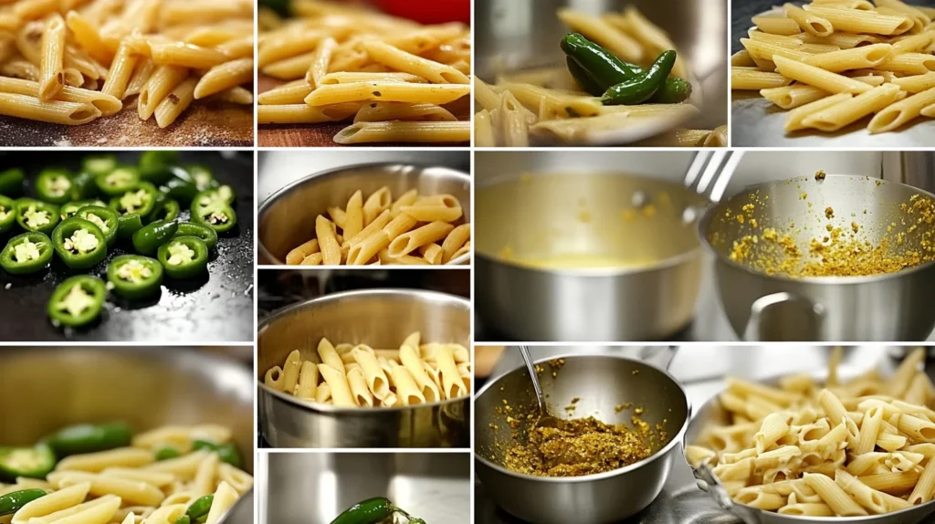 A grid of photos showing the steps of making rattlesnake pasta: slicing jalapeños, cooking pasta, making sauce.