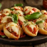 Baked stuffed jumbo shells with marinara and cheese.