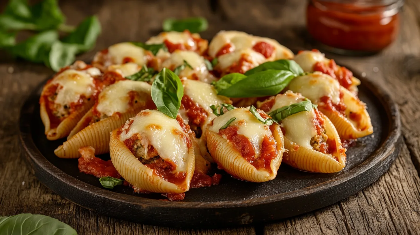 Baked stuffed jumbo shells with marinara and cheese.