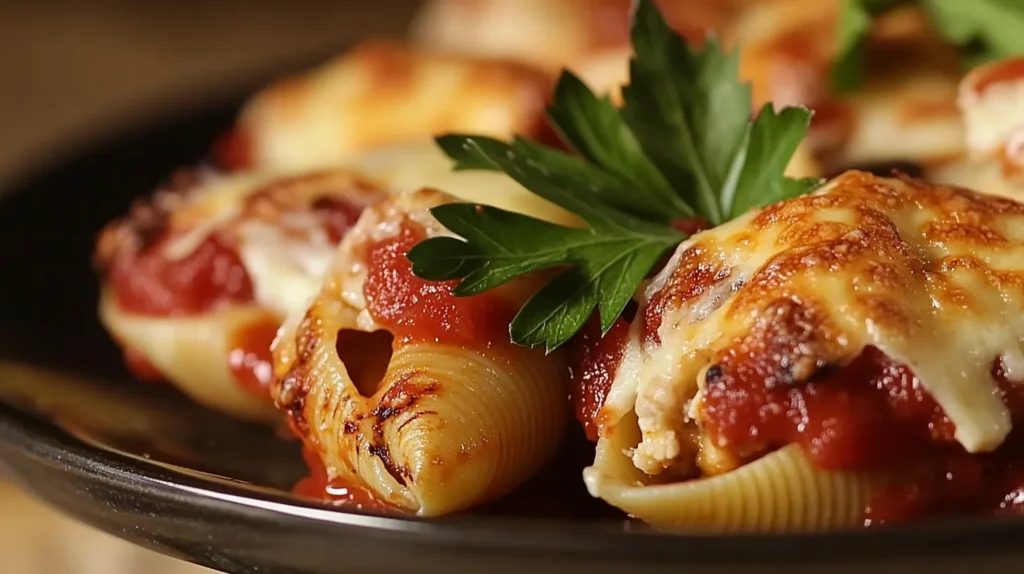 Close-up of golden baked stuffed shells.