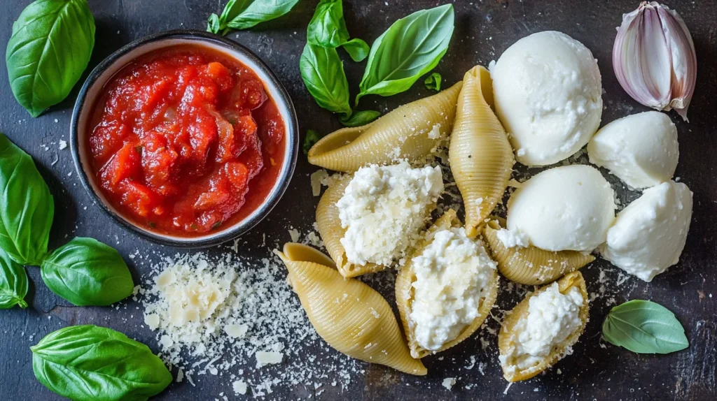 Ingredients for stuffed shells arranged neatly.