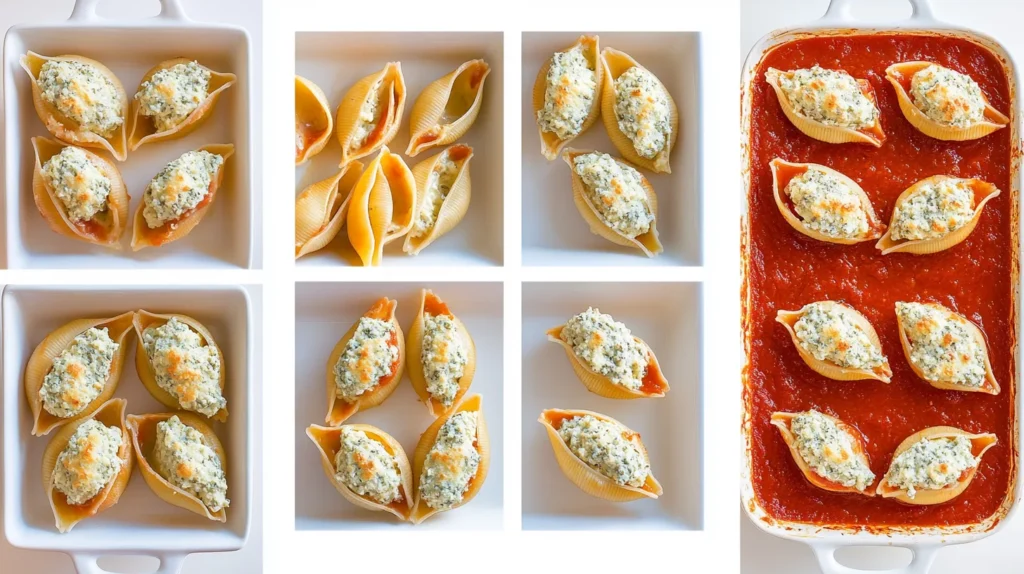 Grid of stuffed shells preparation steps.