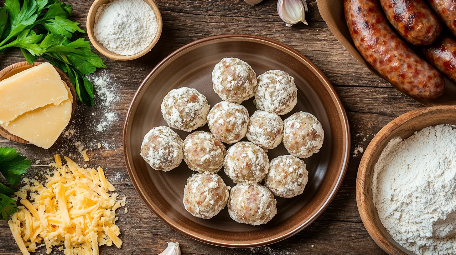 Plate of golden-brown sausage balls with ingredients nearby