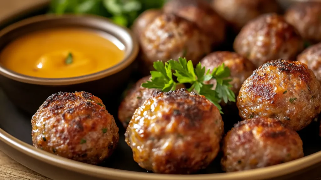 Golden sausage balls with dipping sauce and parsley garnish