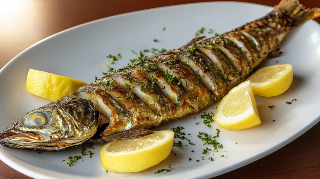 Crispy pan-fried smelt fish served with lemon wedges