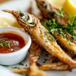 Pan-fried smelt fish with sauce and garnish