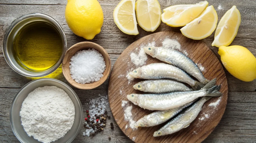 Ingredients for pan-fried smelt fish on a table