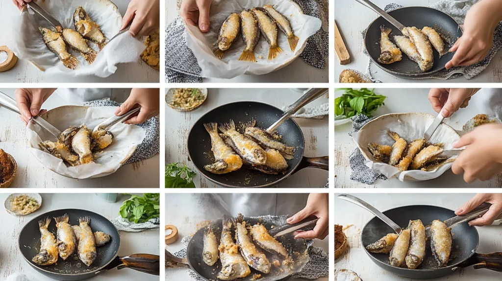 Grid of smelt fish preparation steps