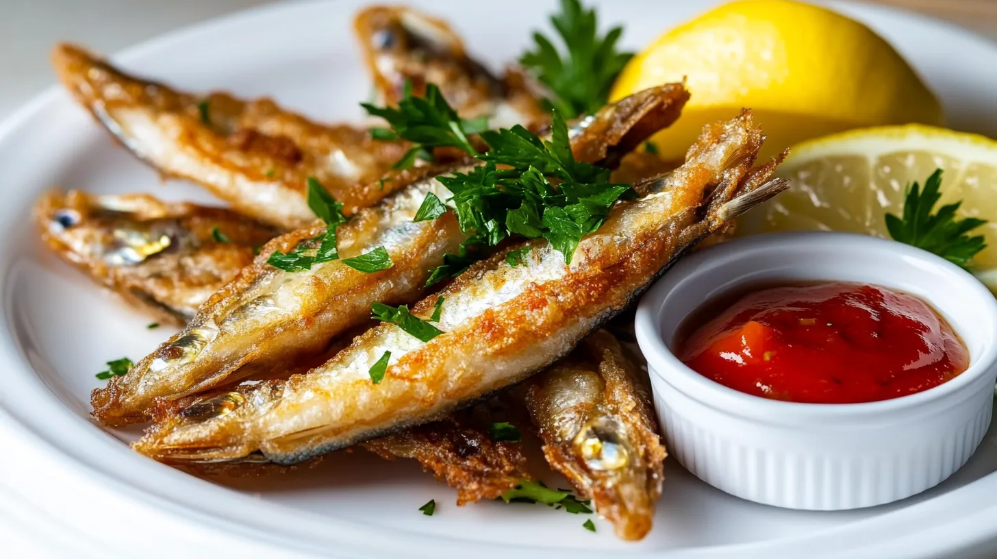 Beautifully plated pan-fried smelt fish on a table