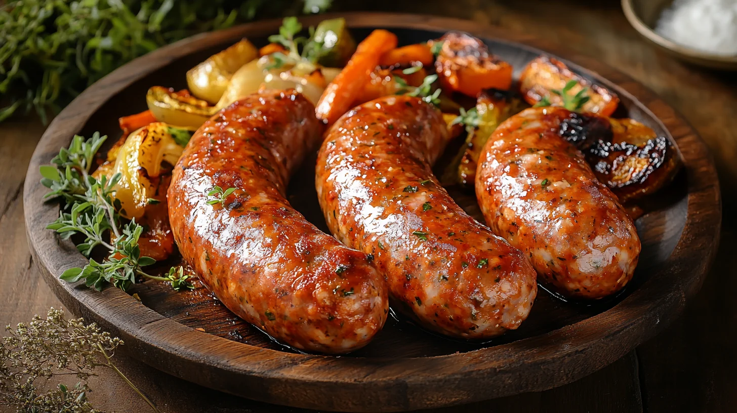 Baked spicy chicken sausages with roasted vegetables on a rustic plate.