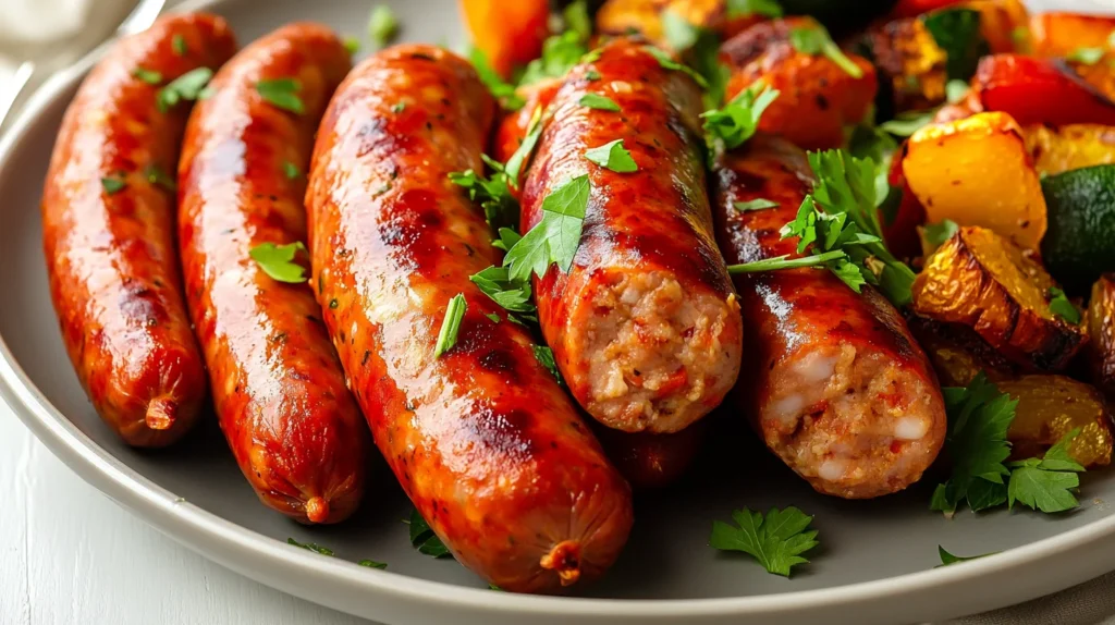 Spicy chicken sausage with roasted vegetables on a modern dinner plate.