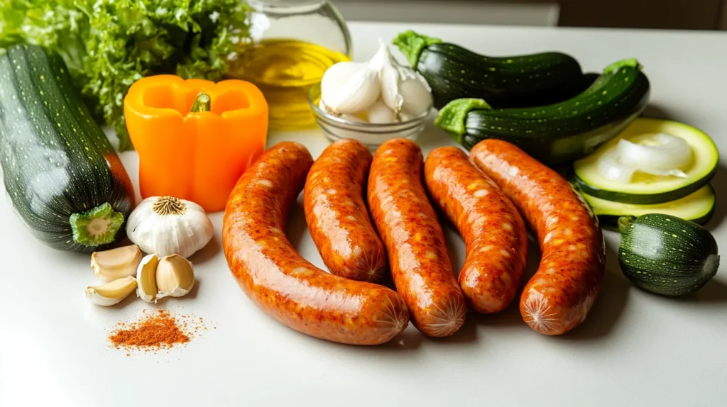 Ingredients for spicy chicken sausage in oven.