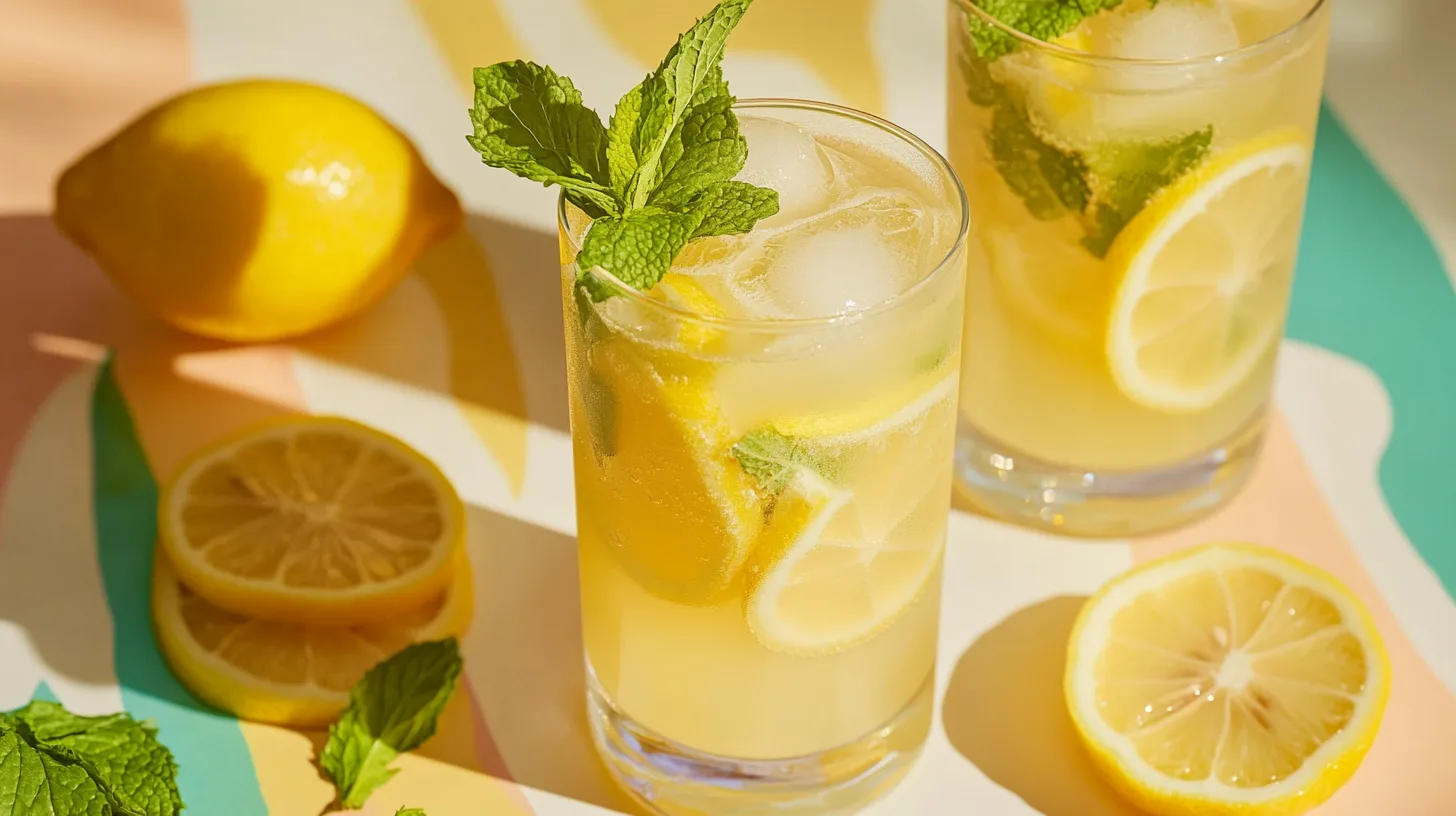 A glass of sugar-free lemonade garnished with lemon slices and mint on a summery table.