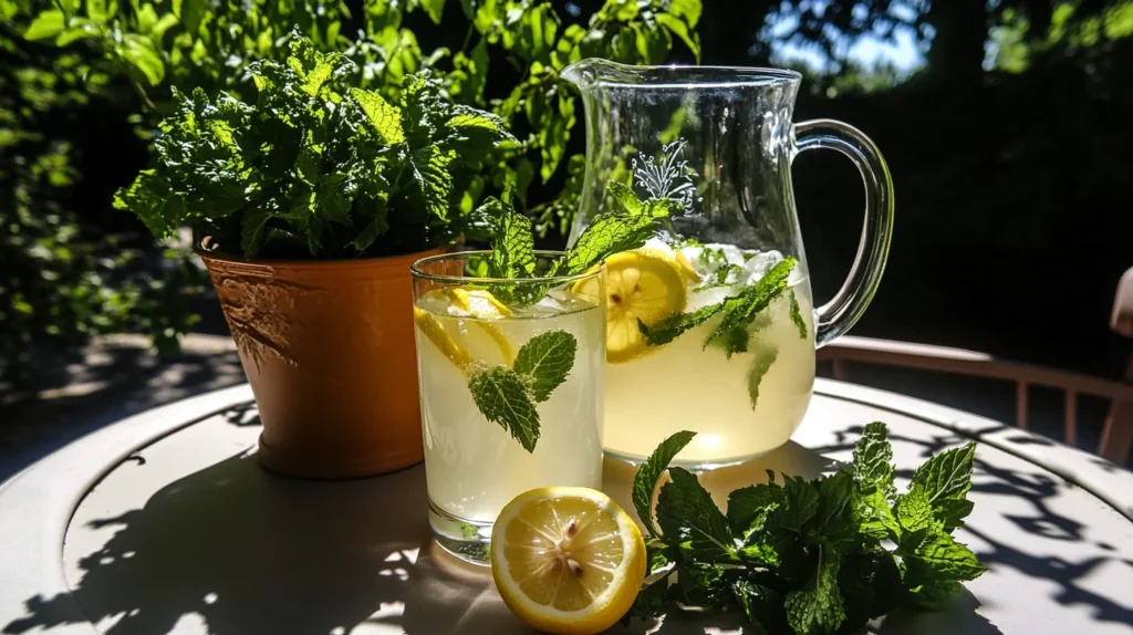 A pitcher and glass of sugar-free lemonade garnished with mint and lemon slices on a sunny table.