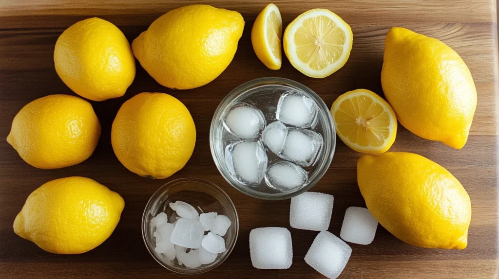 Fresh ingredients for sugar-free lemonade: lemons, sucralose, water, and ice cubes on a wooden surface.