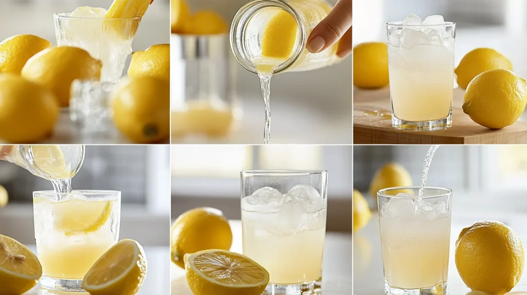 A grid showing the preparation steps for sugar-free lemonade: juicing, mixing, and serving in glasses.