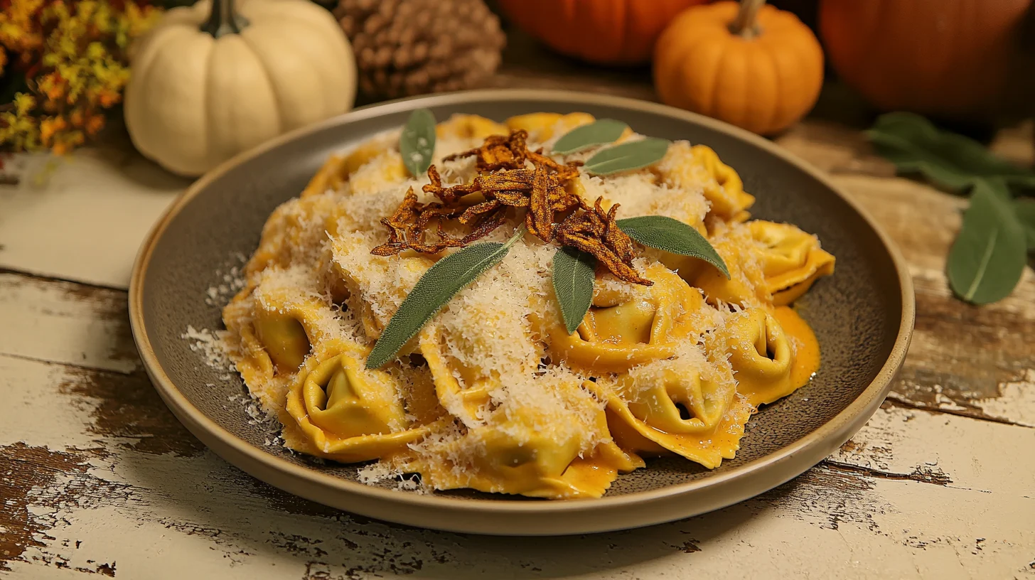 Tortellini pumpkin pasta served on a fall-themed table.