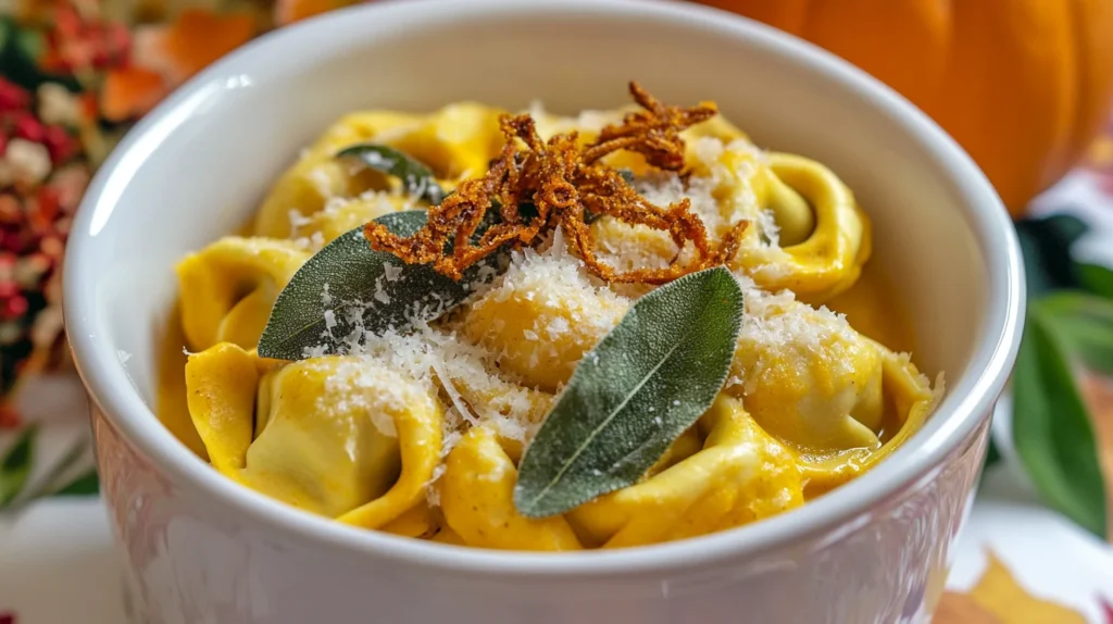 Finished tortellini pumpkin pasta garnished with sage.