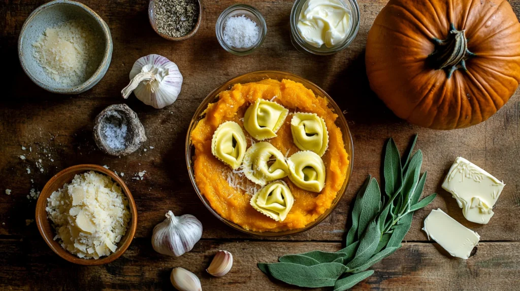 Ingredients for tortellini pumpkin pasta on a wooden table.