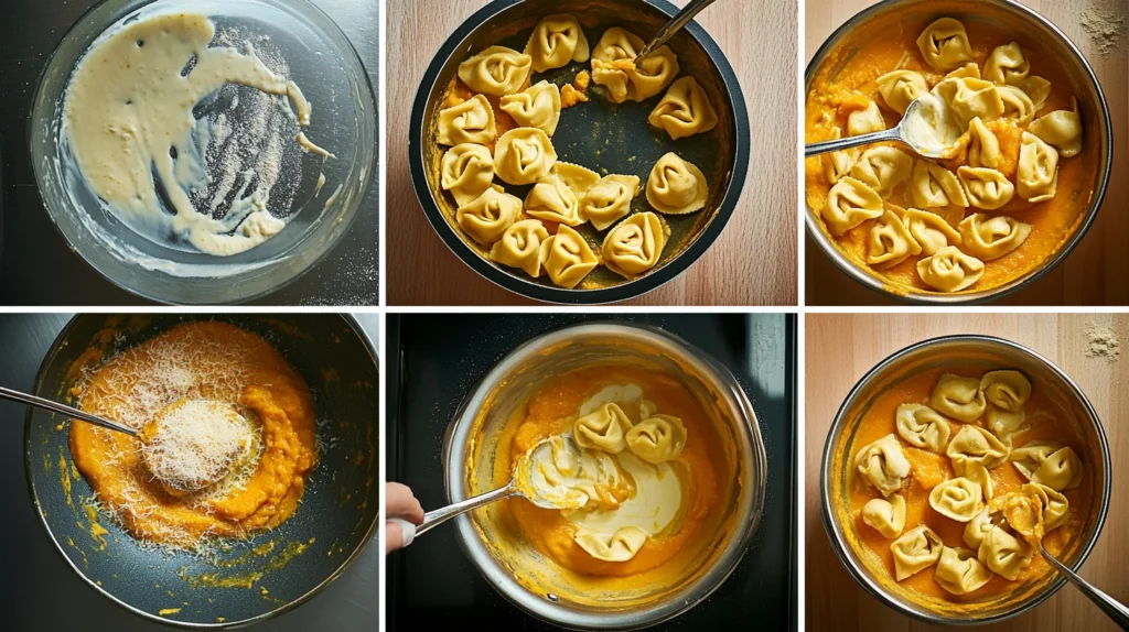 Grid showing the steps to prepare tortellini pumpkin pasta.