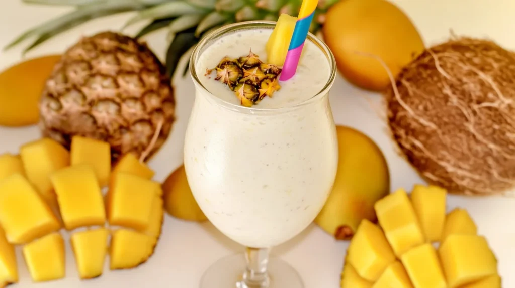 A tropical pineapple smoothie in a mason jar surrounded by fresh mangoes and coconuts.