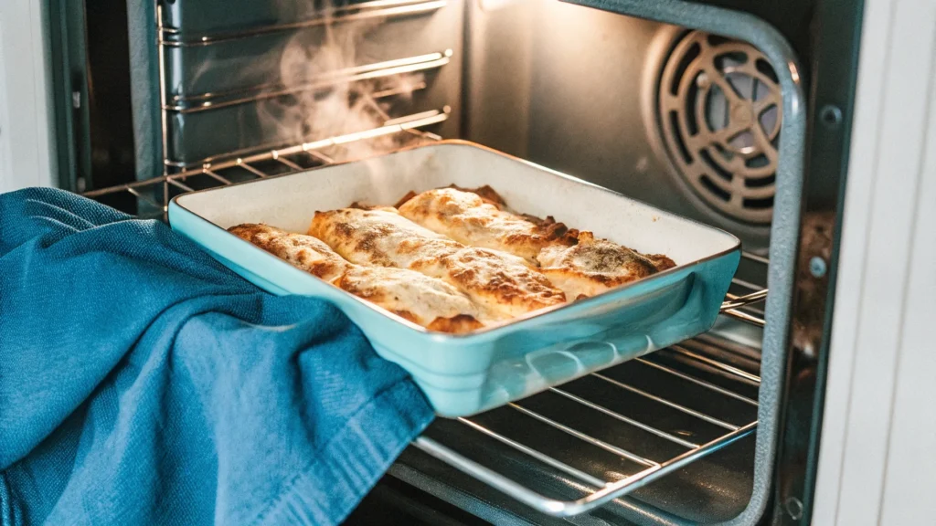 Stuffed shells baking in a home oven with melted cheese