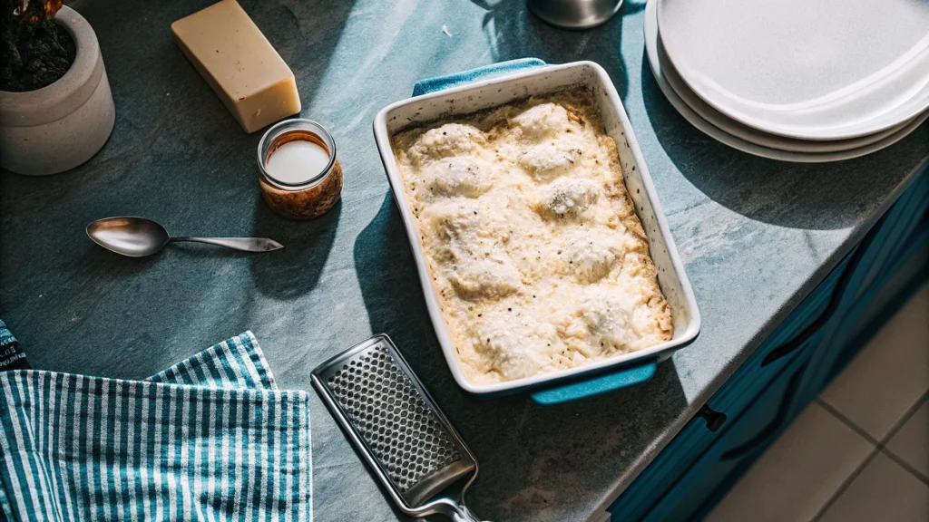 Preparing frozen stuffed shells on a kitchen countertop