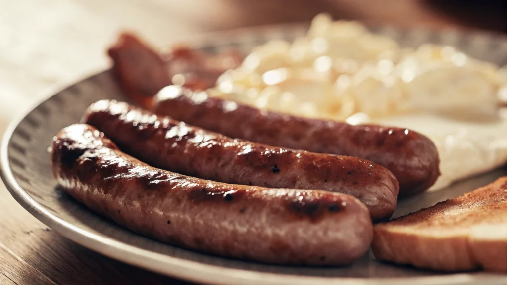 Grilled beef sausages served with eggs and hash browns, What is beef sausage good for?