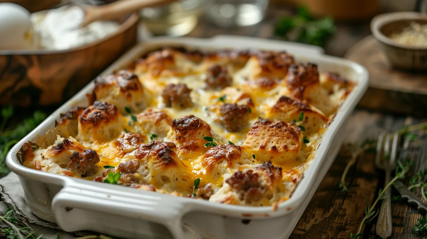 Warm breakfast casserole with biscuits and sausage gravy in a baking dish. 