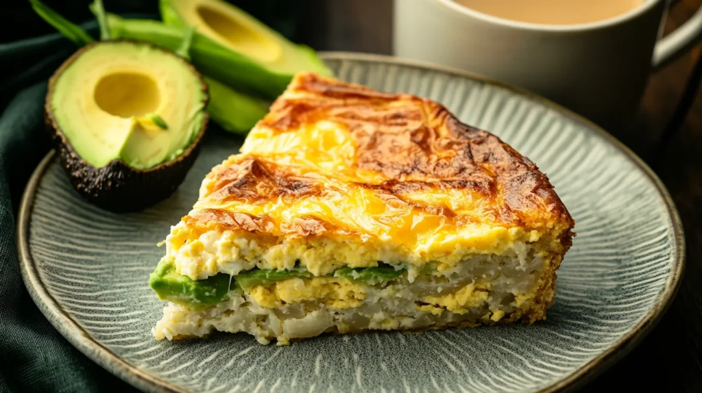 A plated slice of egg white breakfast casserole, served with fruit