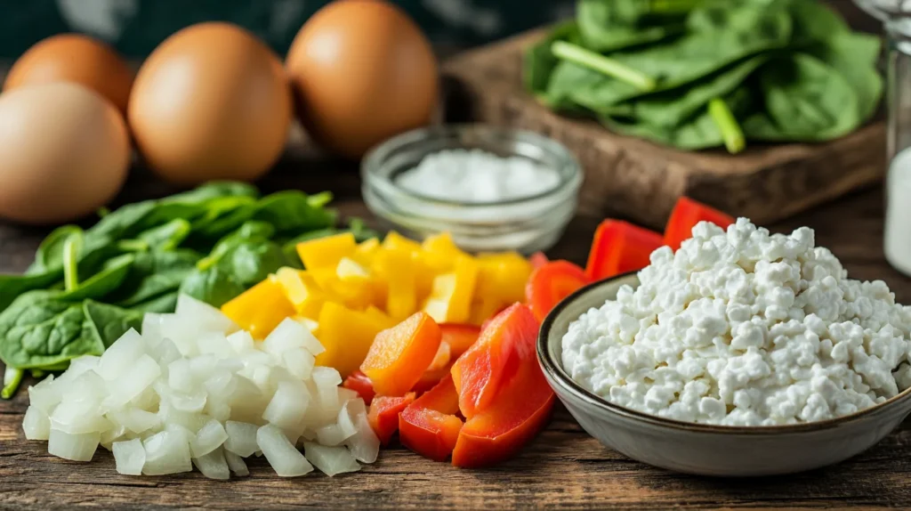 Ingredients for an egg white breakfast casserole recipe: egg whites, vegetables, and cheese