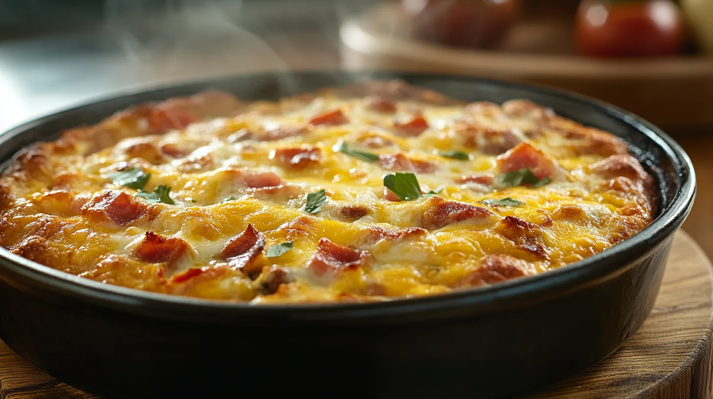 Golden and cheesy eggless breakfast casserole served hot.