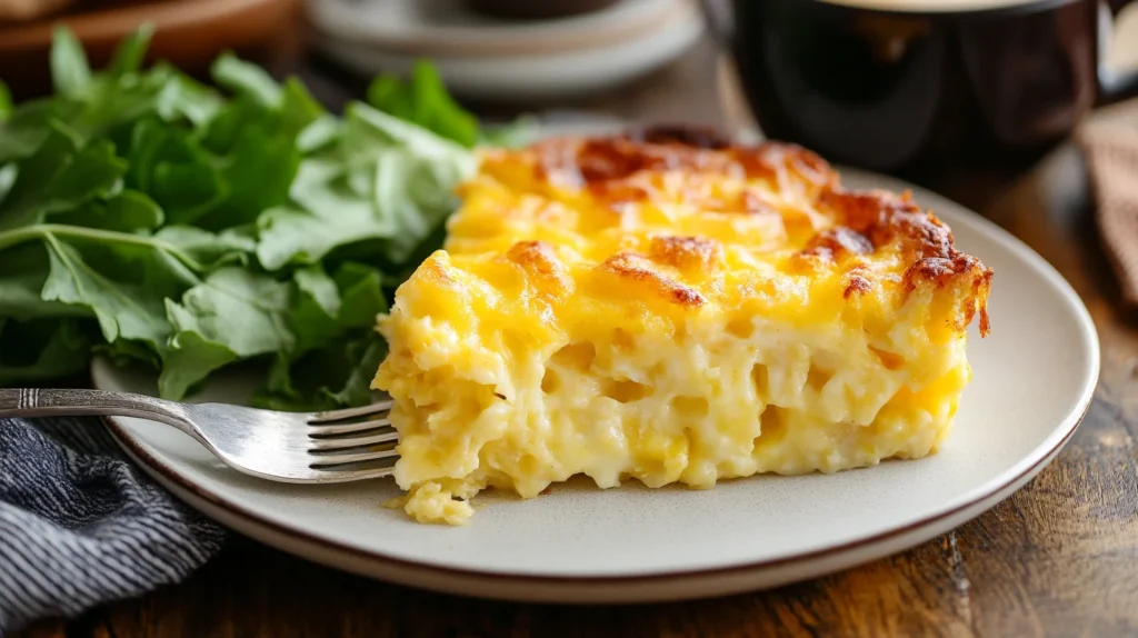 A slice of eggless breakfast casserole served with fresh greens.