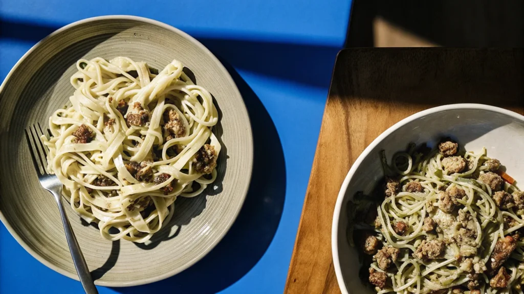 Pasta with beef sausage and ground beef on two plates