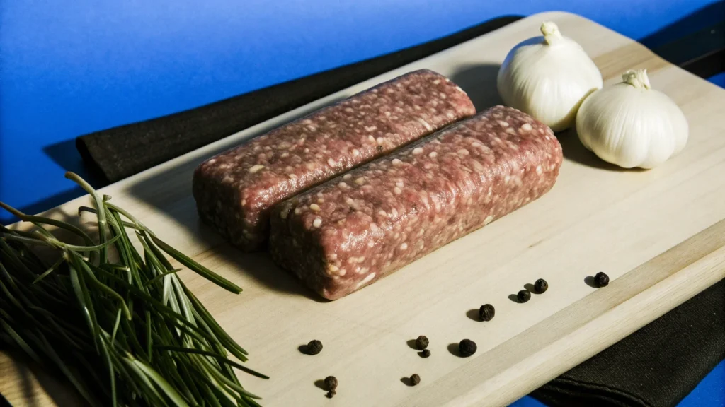 Raw beef sausage and ground beef side by side on a cutting board