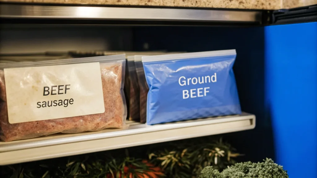 Labeled freezer bags with beef sausage and ground beef